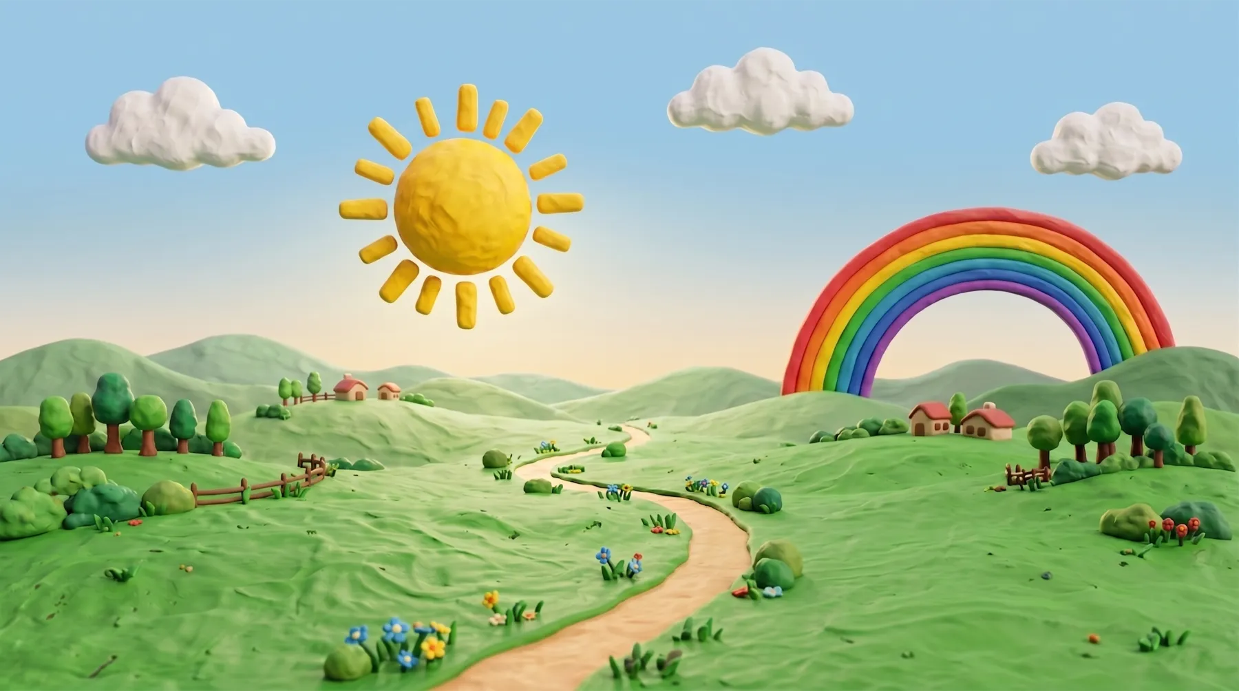 Décor en pâte à modeler — collines, soleil, nuages, arc-en-ciel